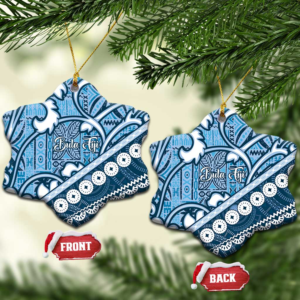 Blue Bula Fiji Ceramic Ornament Fijian Language Week Tapa Cloth - Pastel LT14 Snow Flake Blue - Polynesian Pride