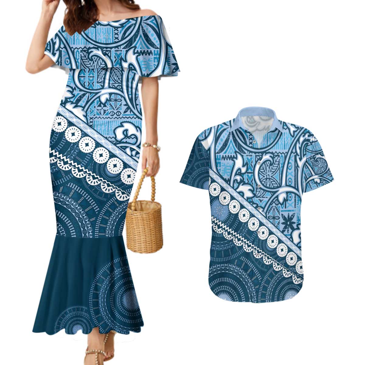 Blue Bula Fiji Couples Matching Mermaid Dress and Hawaiian Shirt Fijian Language Week Tapa Cloth - Pastel