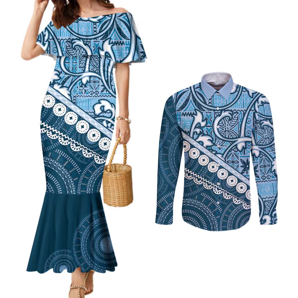 Blue Bula Fiji Couples Matching Mermaid Dress and Long Sleeve Button Shirt Fijian Language Week Tapa Cloth - Pastel