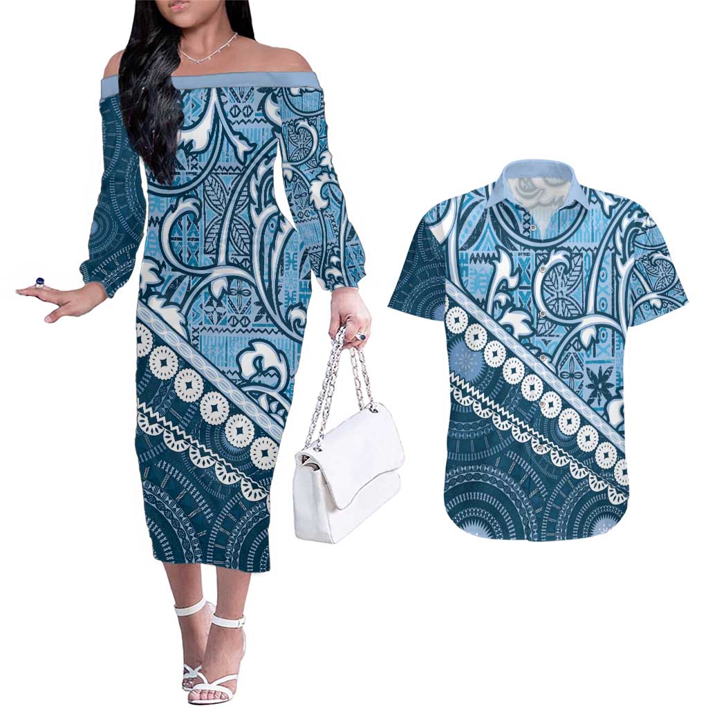 Blue Bula Fiji Couples Matching Off The Shoulder Long Sleeve Dress and Hawaiian Shirt Fijian Language Week Tapa Cloth - Pastel