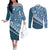 Blue Bula Fiji Couples Matching Off The Shoulder Long Sleeve Dress and Long Sleeve Button Shirt Fijian Language Week Tapa Cloth - Pastel