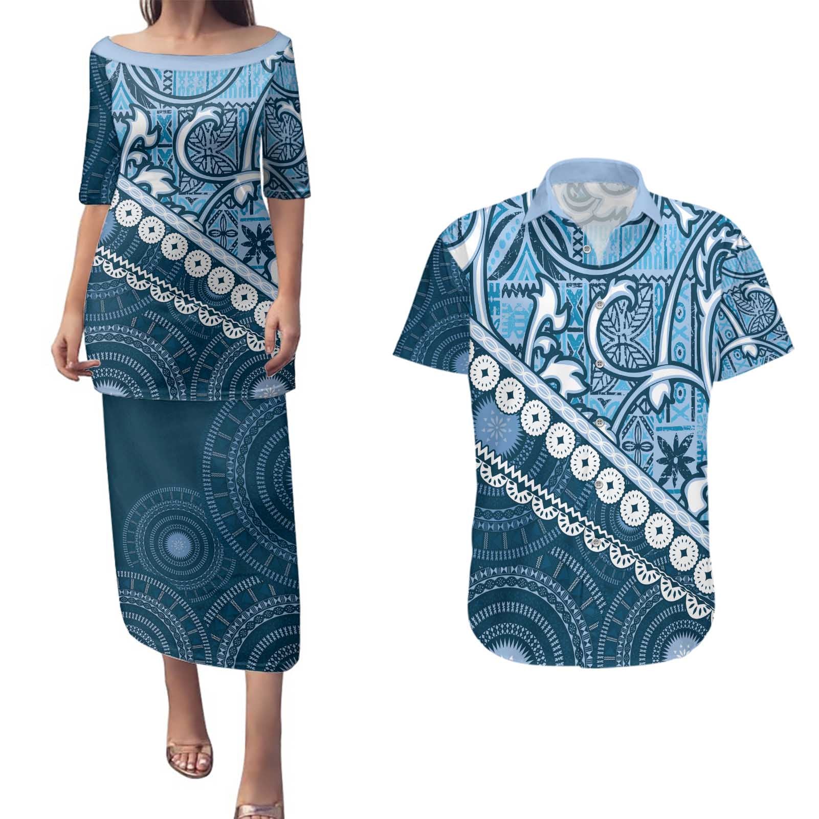 Blue Bula Fiji Couples Matching Puletasi and Hawaiian Shirt Fijian Language Week Tapa Cloth - Pastel