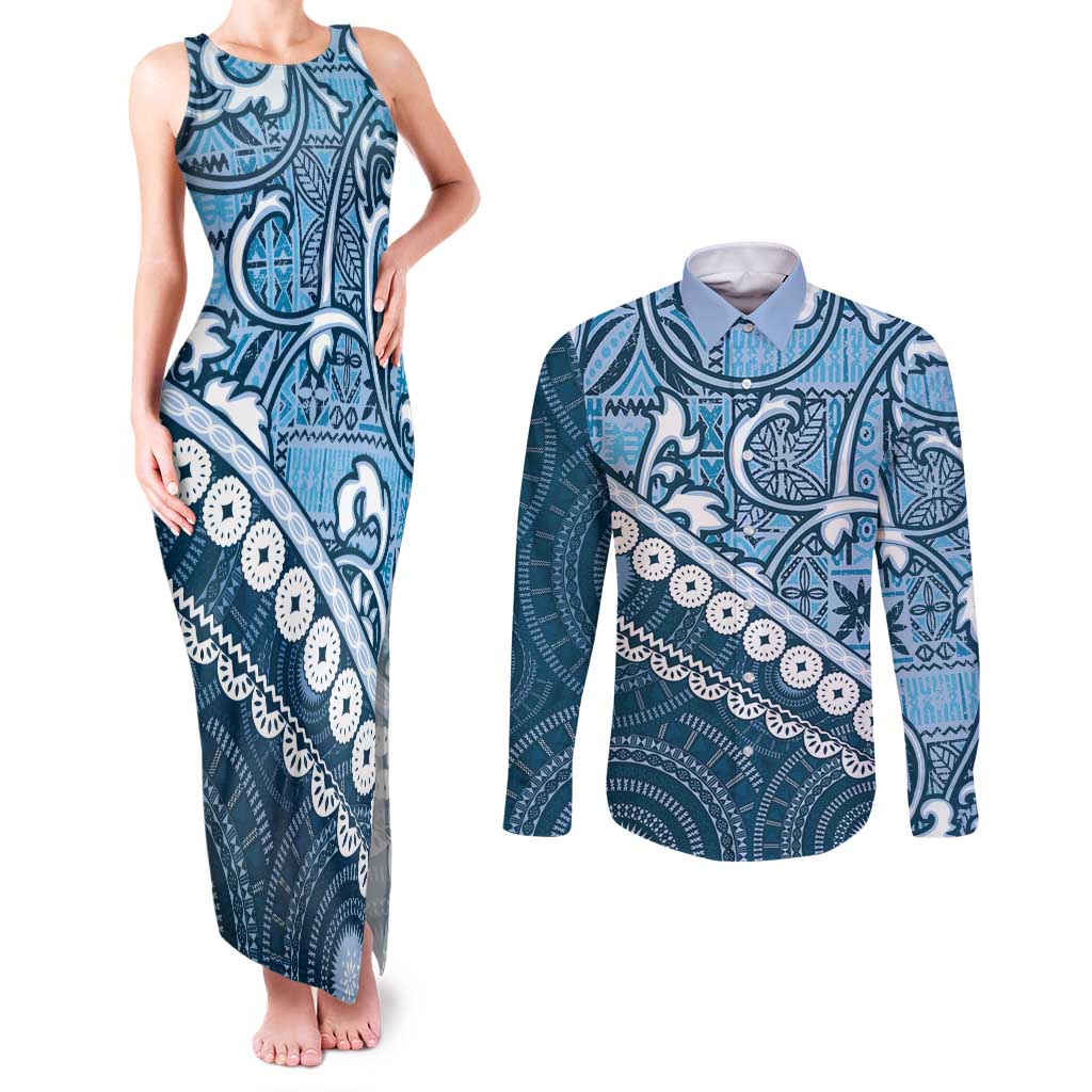 Blue Bula Fiji Couples Matching Tank Maxi Dress and Long Sleeve Button Shirt Fijian Language Week Tapa Cloth - Pastel