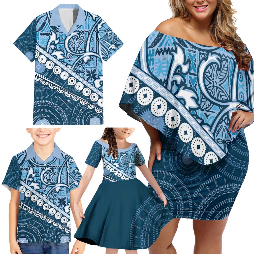 Blue Bula Fiji Family Matching Off Shoulder Short Dress and Hawaiian Shirt Fijian Language Week Tapa Cloth - Pastel