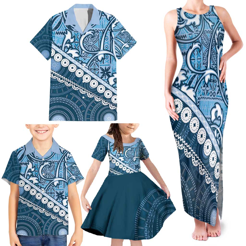 Blue Bula Fiji Family Matching Tank Maxi Dress and Hawaiian Shirt Fijian Language Week Tapa Cloth - Pastel