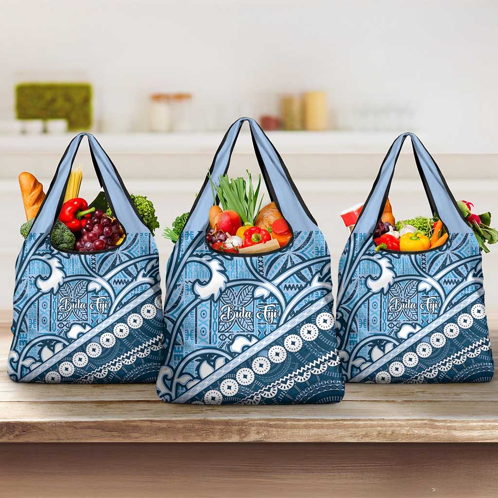 Blue Bula Fiji Grocery Bag Fijian Language Week Tapa Cloth - Pastel LT14 3-pack One Size Blue - Polynesian Pride
