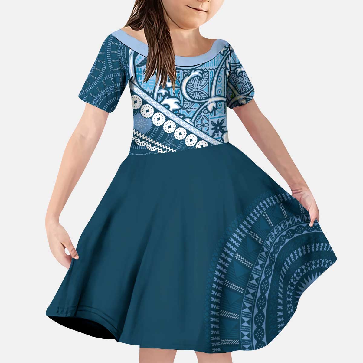 Blue Bula Fiji Kid Short Sleeve Dress Fijian Language Week Tapa Cloth - Pastel