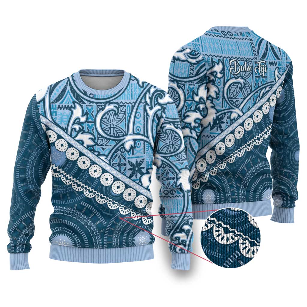 Blue Bula Fiji Ugly Christmas Sweater Fijian Language Week Tapa Cloth - Pastel LT14 Blue - Polynesian Pride