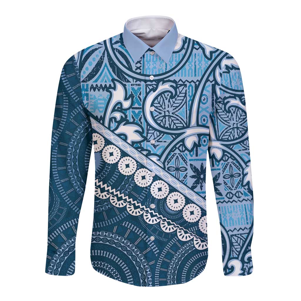 Blue Bula Fiji Long Sleeve Button Shirt Fijian Language Week Tapa Cloth - Pastel