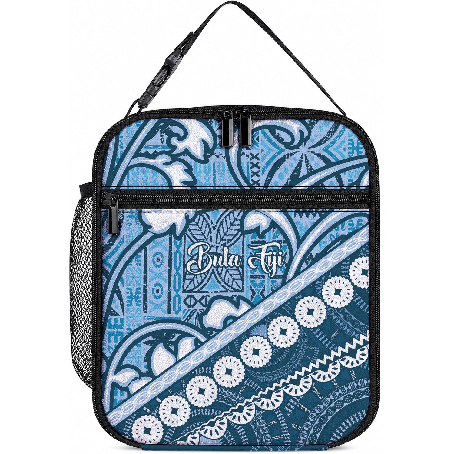 Blue Bula Fiji Lunch Bag Fijian Language Week Tapa Cloth - Pastel LT14 10.2 × 8.3 × 4.3 inch Blue - Polynesian Pride