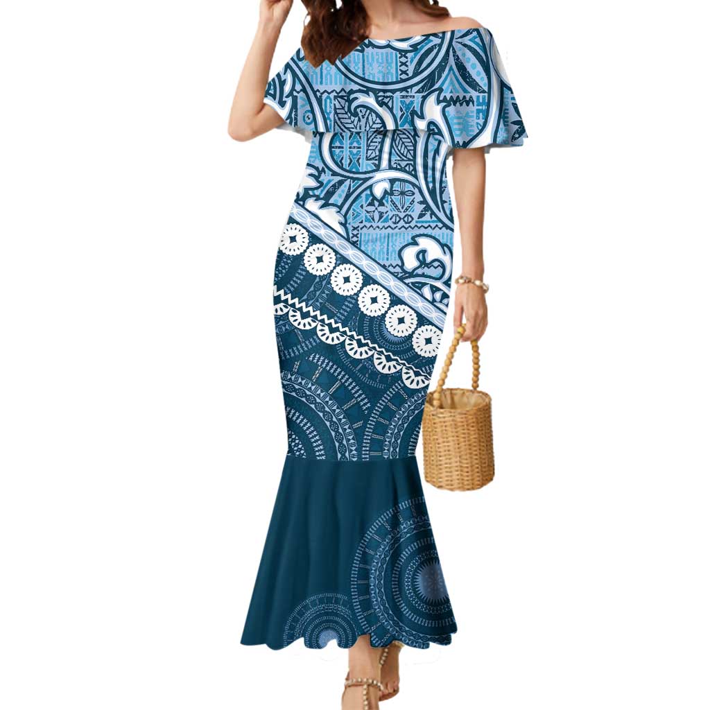 Blue Bula Fiji Mermaid Dress Fijian Language Week Tapa Cloth - Pastel LT14 Women Blue - Polynesian Pride