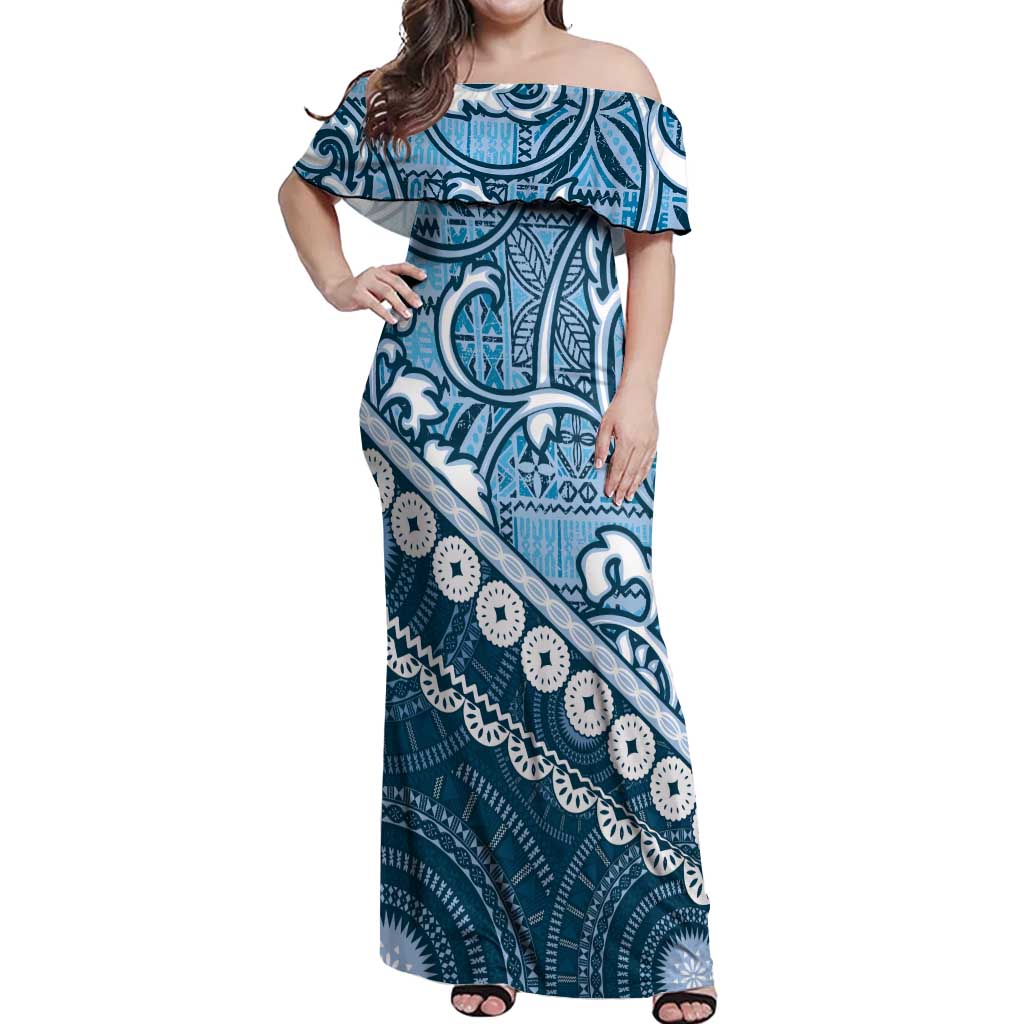 Blue Bula Fiji Off Shoulder Maxi Dress Fijian Language Week Tapa Cloth - Pastel