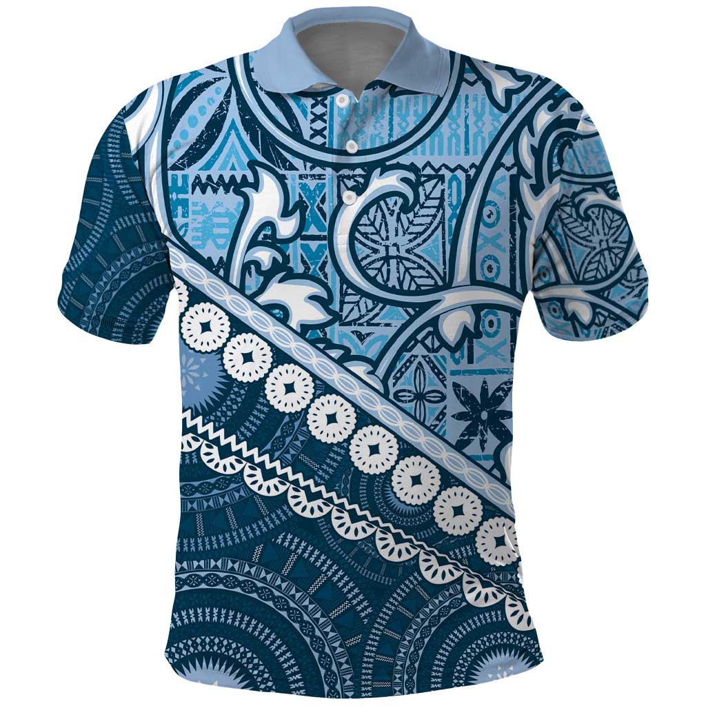 Blue Bula Fiji Polo Shirt Fijian Language Week Tapa Cloth - Pastel