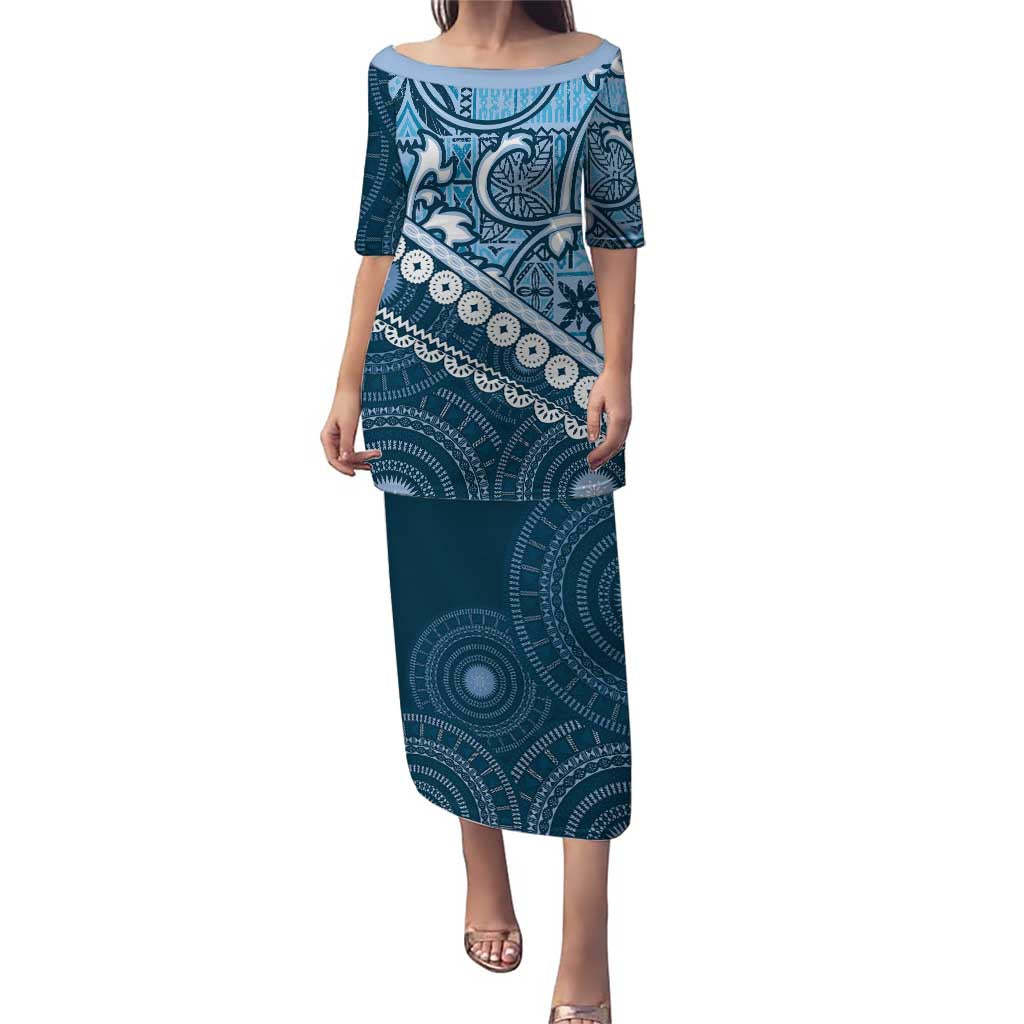 Blue Bula Fiji Puletasi Fijian Language Week Tapa Cloth - Pastel LT14 Long Dress Blue - Polynesian Pride