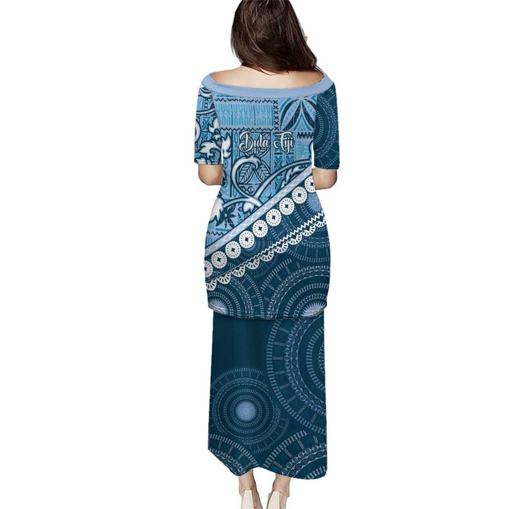 Blue Bula Fiji Puletasi Fijian Language Week Tapa Cloth - Pastel LT14 - Polynesian Pride