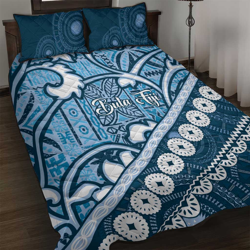 Blue Bula Fiji Quilt Bed Set Fijian Language Week Tapa Cloth - Pastel LT14 Blue - Polynesian Pride