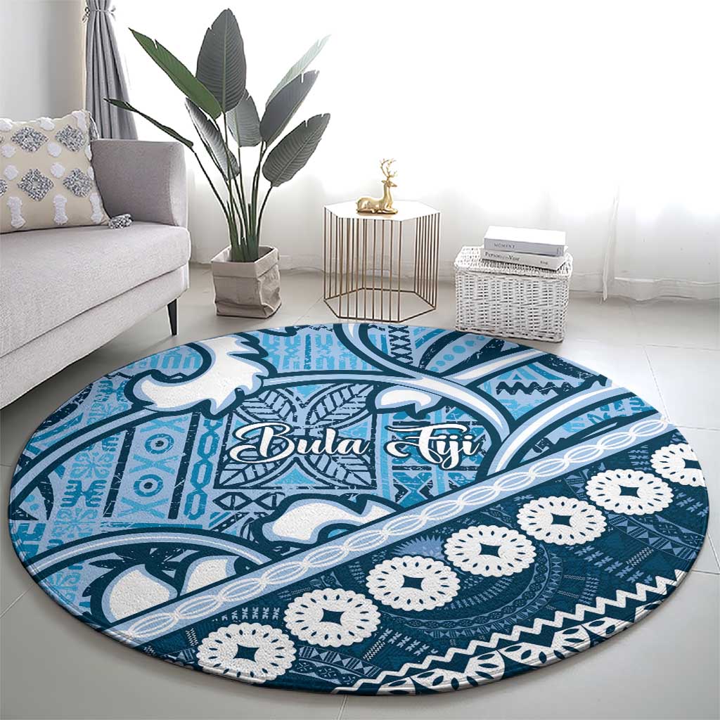 Blue Bula Fiji Round Carpet Fijian Language Week Tapa Cloth - Pastel LT14 - Polynesian Pride
