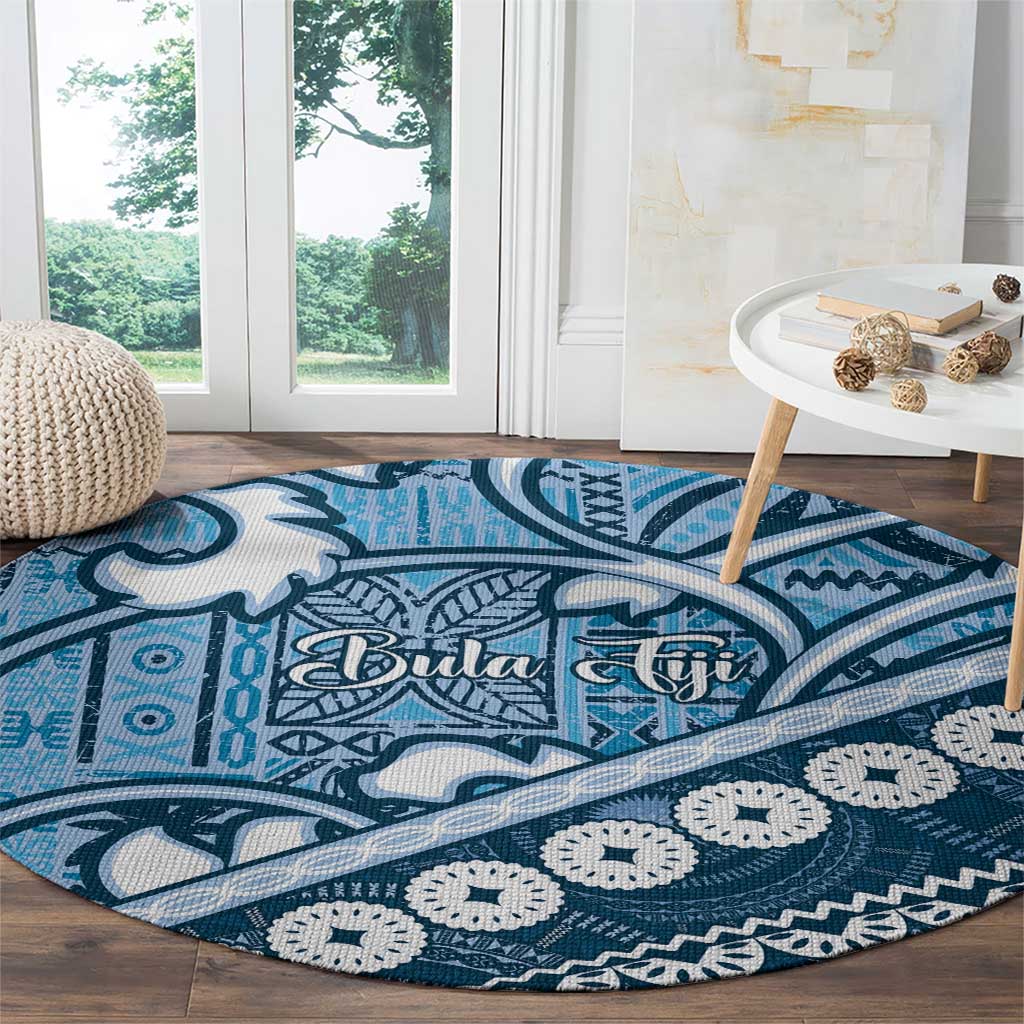 Blue Bula Fiji Round Carpet Fijian Language Week Tapa Cloth - Pastel LT14 - Polynesian Pride