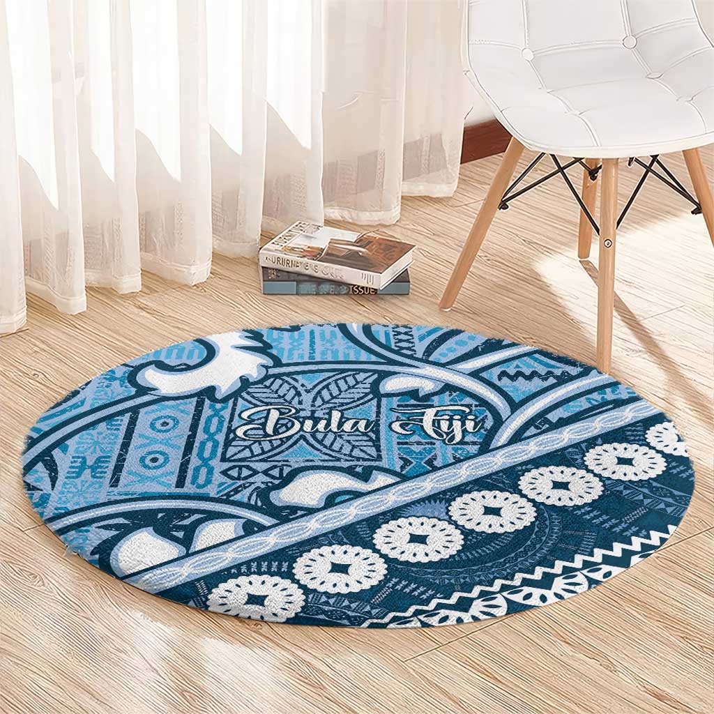Blue Bula Fiji Round Carpet Fijian Language Week Tapa Cloth - Pastel LT14 - Polynesian Pride