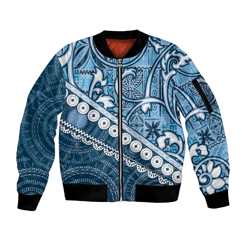 Blue Bula Fiji Sleeve Zip Bomber Jacket Fijian Language Week Tapa Cloth - Pastel