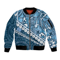 Blue Bula Fiji Sleeve Zip Bomber Jacket Fijian Language Week Tapa Cloth - Pastel LT14 Unisex Blue - Polynesian Pride