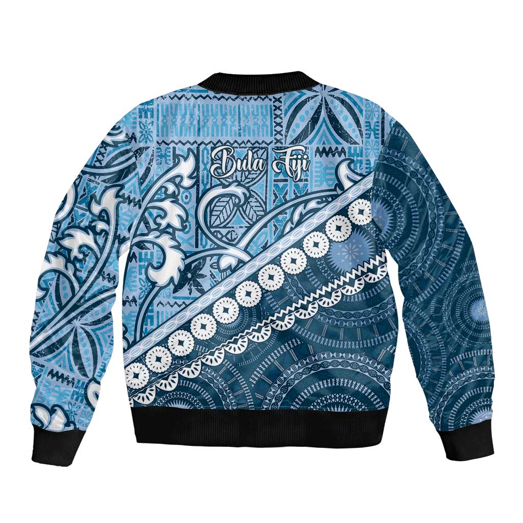 Blue Bula Fiji Sleeve Zip Bomber Jacket Fijian Language Week Tapa Cloth - Pastel LT14 - Polynesian Pride