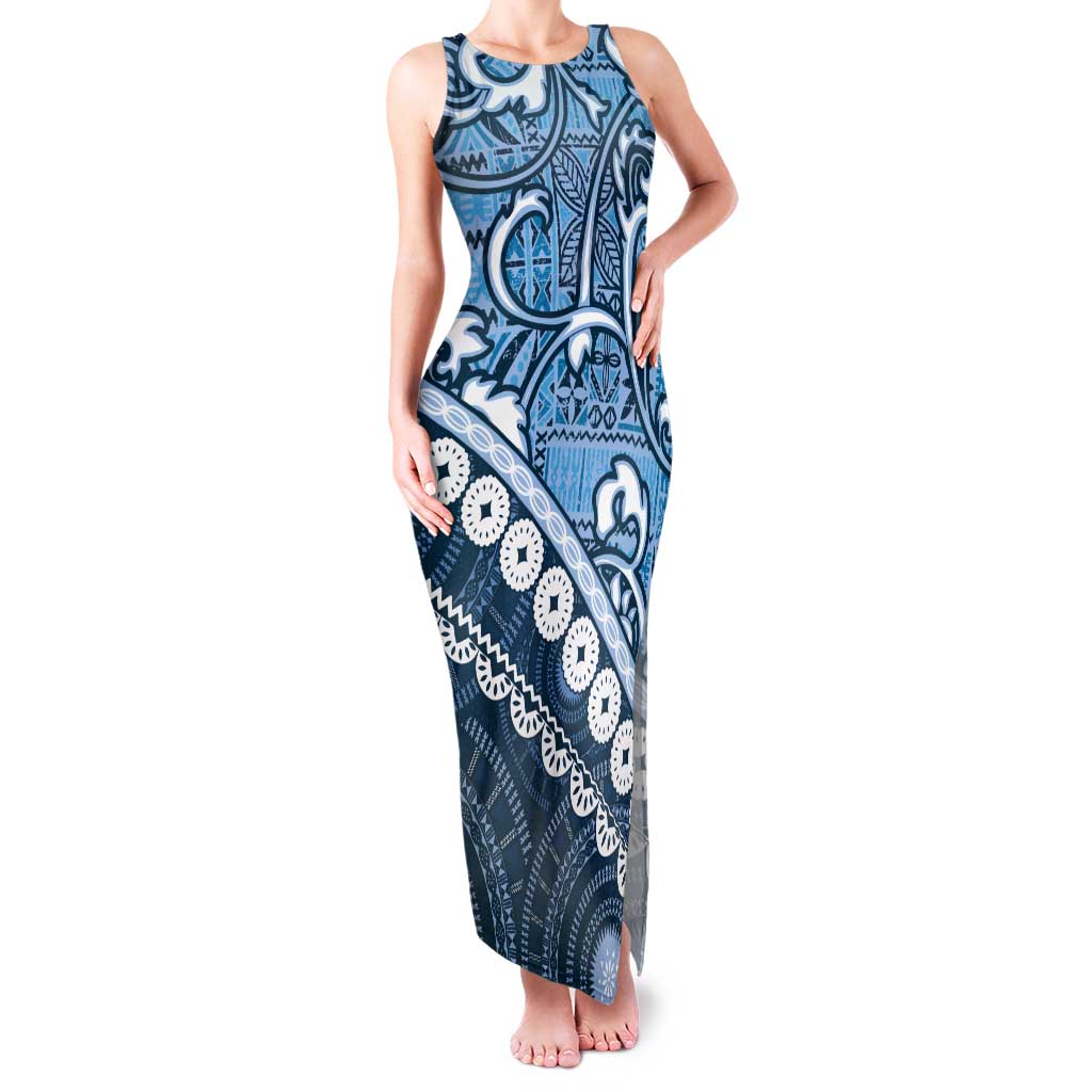 Blue Bula Fiji Tank Maxi Dress Fijian Language Week Tapa Cloth - Pastel