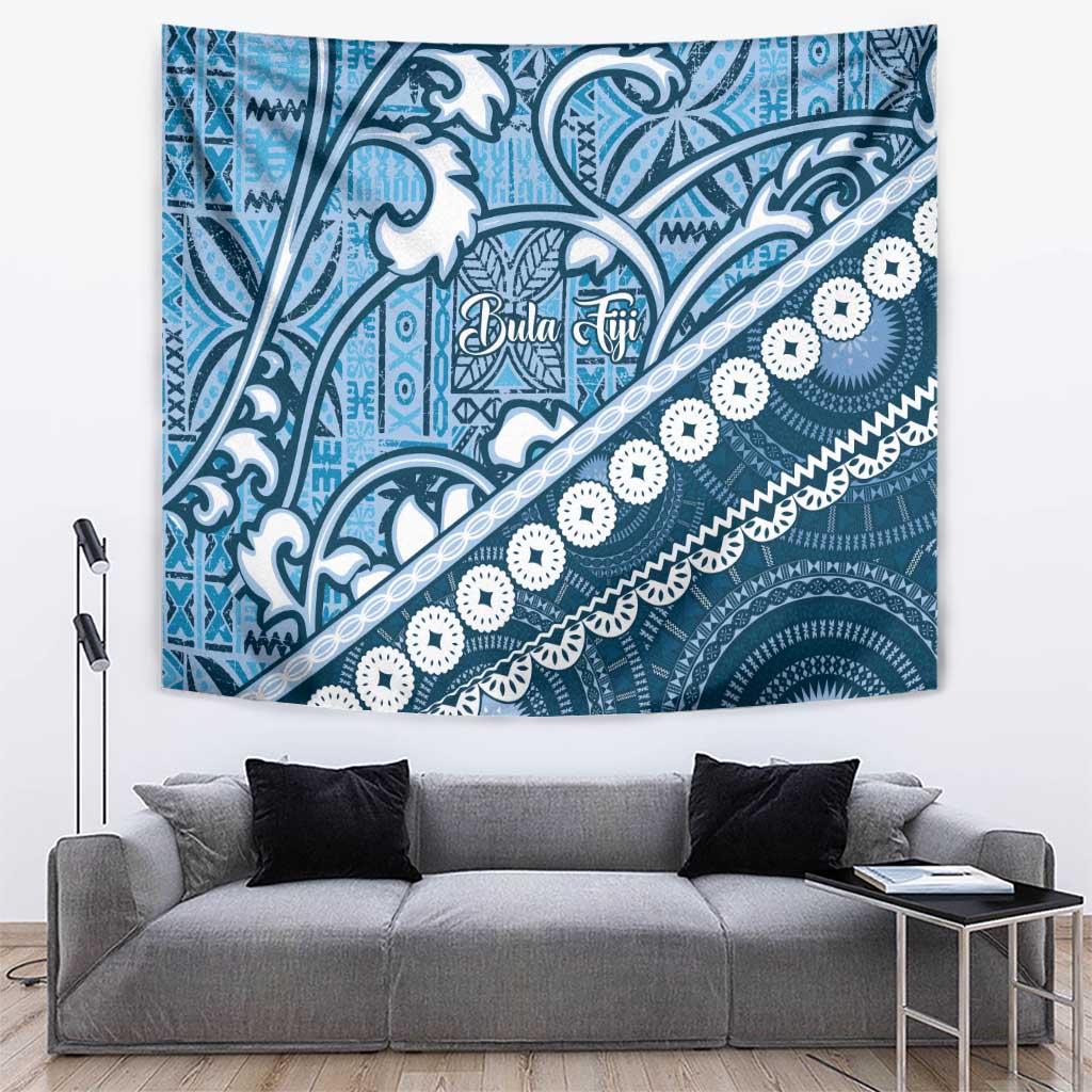 Blue Bula Fiji Tapestry Fijian Language Week Tapa Cloth - Pastel LT14 Blue - Polynesian Pride