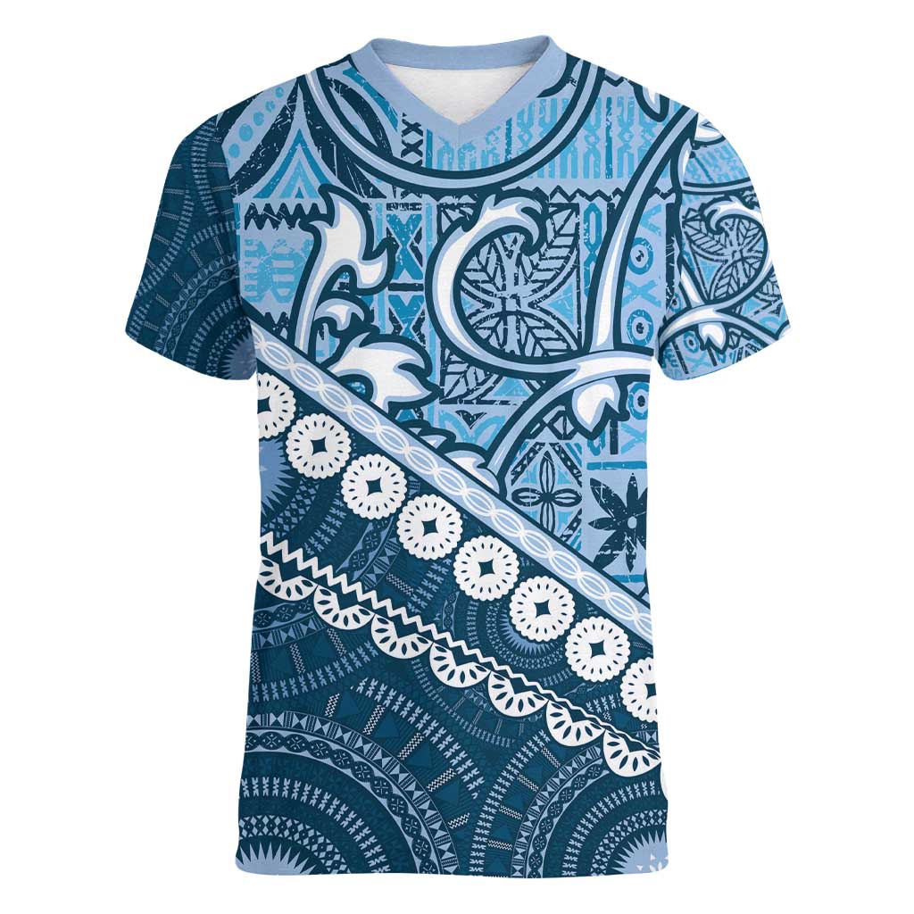 Blue Bula Fiji Women V-Neck T-Shirt Fijian Language Week Tapa Cloth - Pastel