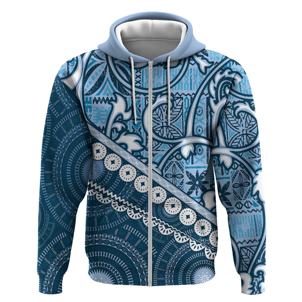 Blue Bula Fiji Zip Hoodie Fijian Language Week Tapa Cloth - Pastel LT14 Zip Hoodie Blue - Polynesian Pride