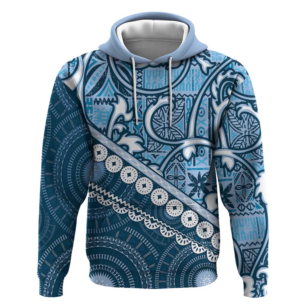 Blue Bula Fiji Zip Hoodie Fijian Language Week Tapa Cloth - Pastel LT14 Pullover Hoodie Blue - Polynesian Pride