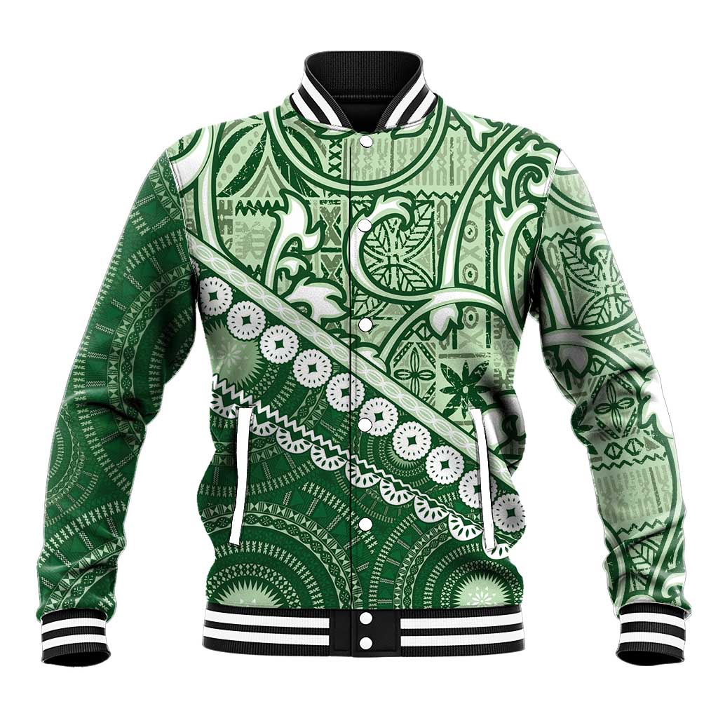 Green Bula Fiji Baseball Jacket Fijian Language Week Tapa Cloth - Pastel LT14 Unisex Green - Polynesian Pride