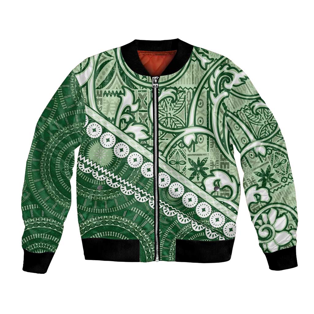 Green Bula Fiji Bomber Jacket Fijian Language Week Tapa Cloth - Pastel LT14 Unisex Green - Polynesian Pride
