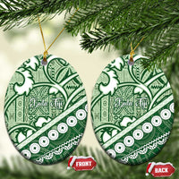 Green Bula Fiji Ceramic Ornament Fijian Language Week Tapa Cloth - Pastel LT14 Oval Green - Polynesian Pride