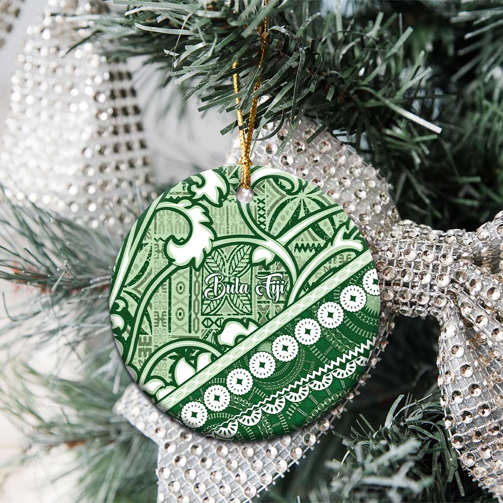Green Bula Fiji Ceramic Ornament Fijian Language Week Tapa Cloth - Pastel LT14 - Polynesian Pride