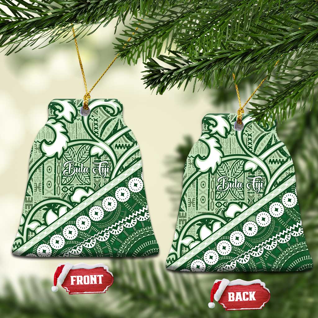 Green Bula Fiji Ceramic Ornament Fijian Language Week Tapa Cloth - Pastel LT14 Bell Flake Green - Polynesian Pride