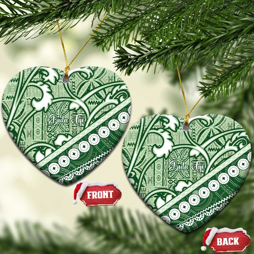 Green Bula Fiji Ceramic Ornament Fijian Language Week Tapa Cloth - Pastel LT14 Heart Green - Polynesian Pride