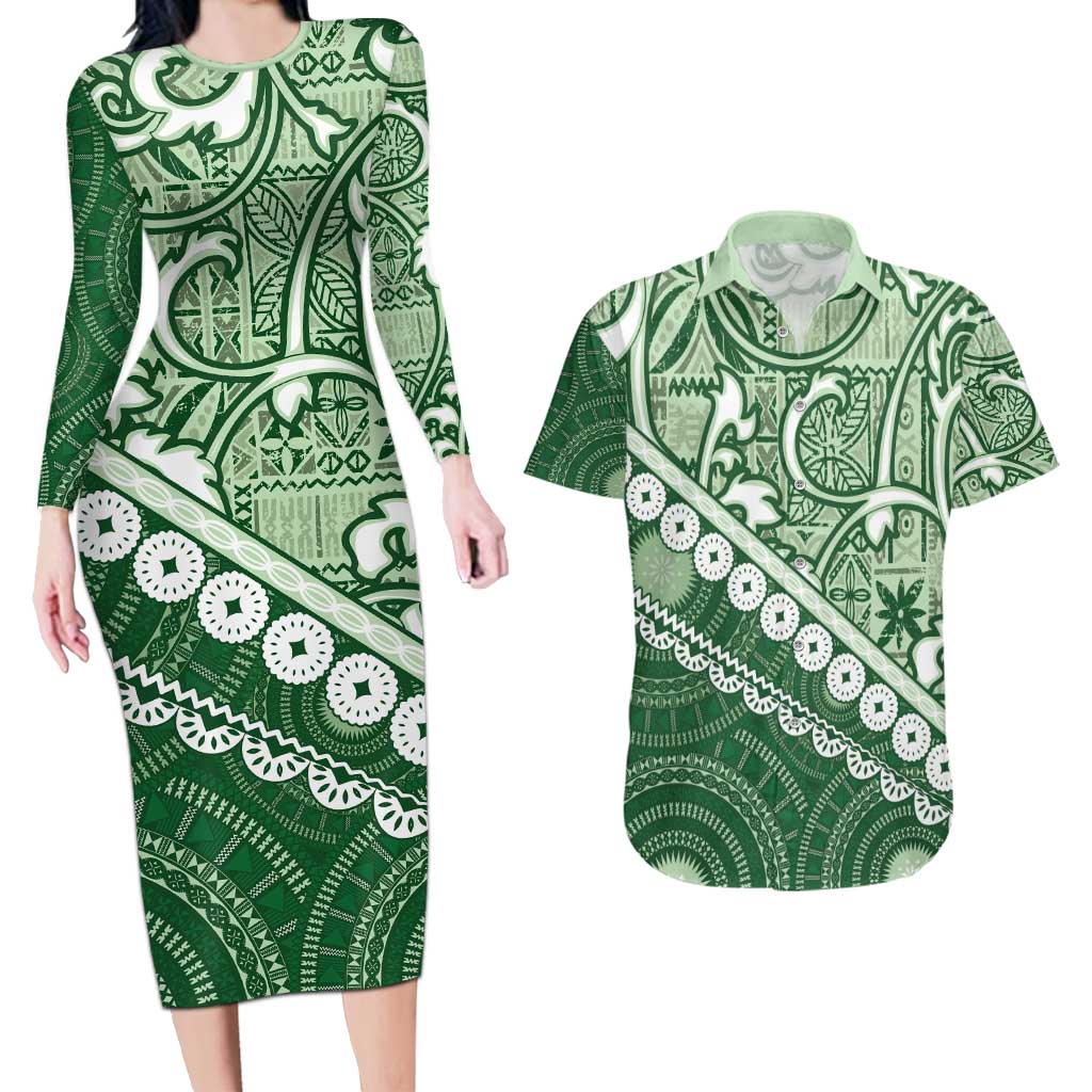 Green Bula Fiji Couples Matching Long Sleeve Bodycon Dress and Hawaiian Shirt Fijian Language Week Tapa Cloth - Pastel