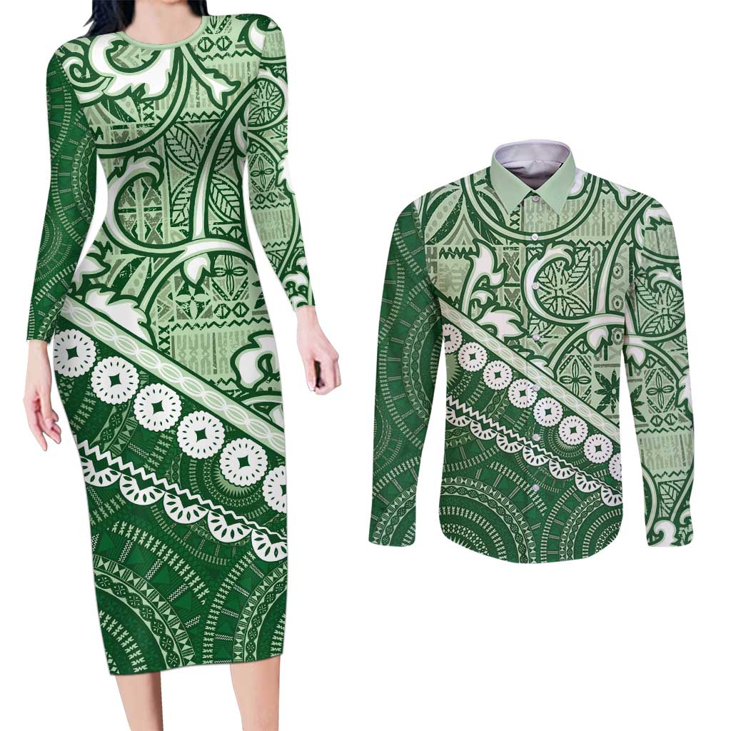 Green Bula Fiji Couples Matching Long Sleeve Bodycon Dress and Long Sleeve Button Shirt Fijian Language Week Tapa Cloth - Pastel