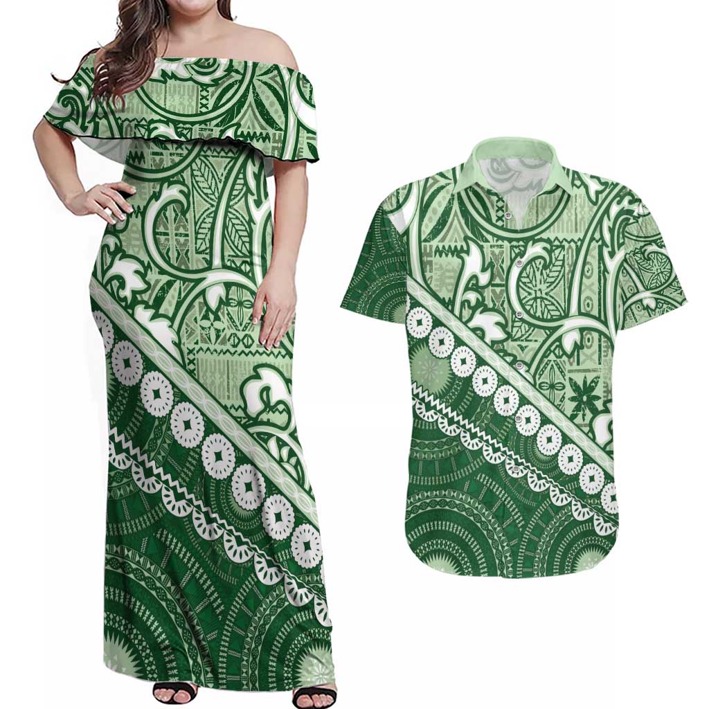 Green Bula Fiji Couples Matching Off Shoulder Maxi Dress and Hawaiian Shirt Fijian Language Week Tapa Cloth - Pastel