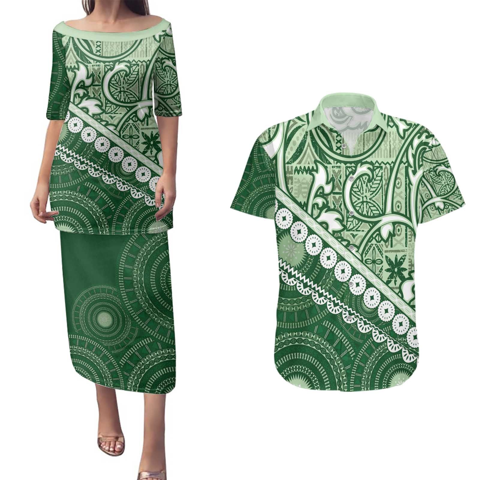 Green Bula Fiji Couples Matching Puletasi and Hawaiian Shirt Fijian Language Week Tapa Cloth - Pastel