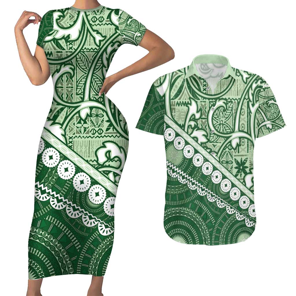 Green Bula Fiji Couples Matching Short Sleeve Bodycon Dress and Hawaiian Shirt Fijian Language Week Tapa Cloth - Pastel