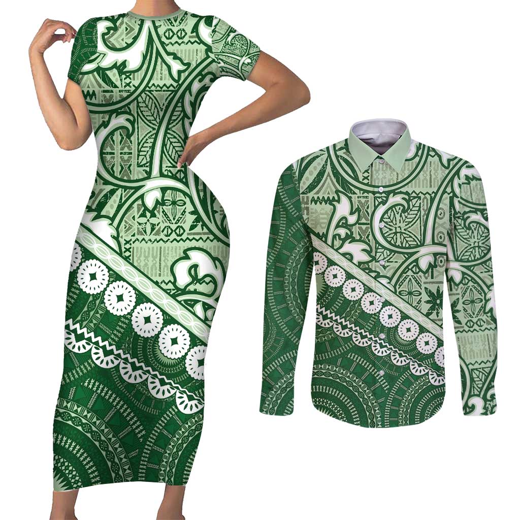 Green Bula Fiji Couples Matching Short Sleeve Bodycon Dress and Long Sleeve Button Shirt Fijian Language Week Tapa Cloth - Pastel