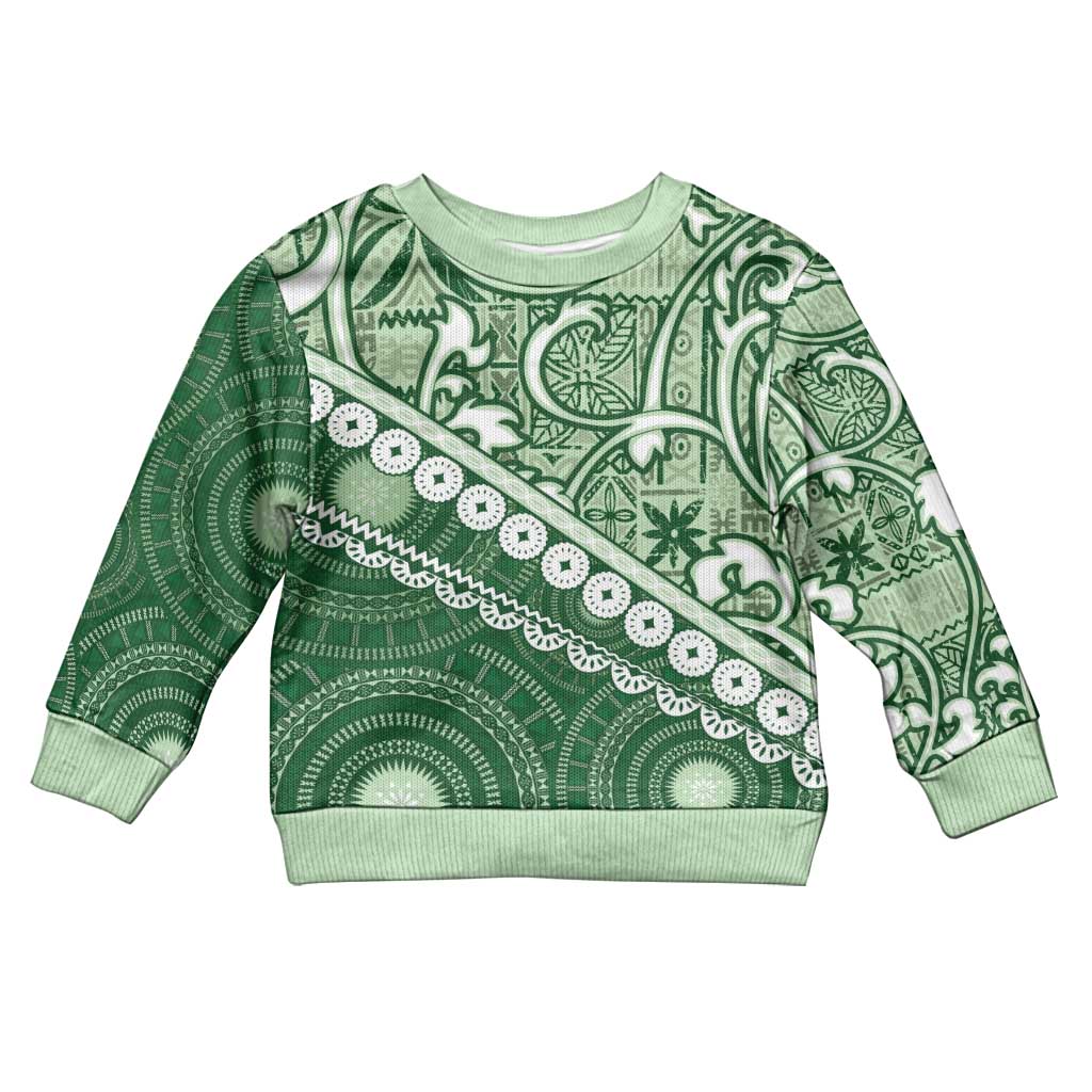 Green Bula Fiji Kid Ugly Christmas Sweater Fijian Language Week Tapa Cloth - Pastel LT14 Kid Green - Polynesian Pride