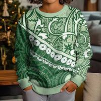 Green Bula Fiji Kid Ugly Christmas Sweater Fijian Language Week Tapa Cloth - Pastel LT14 - Polynesian Pride