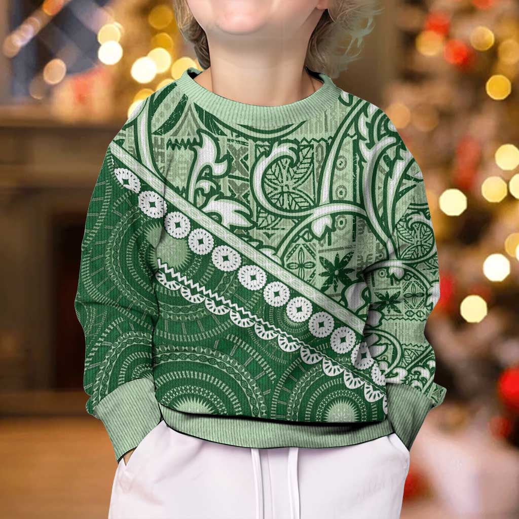 Green Bula Fiji Kid Ugly Christmas Sweater Fijian Language Week Tapa Cloth - Pastel LT14 - Polynesian Pride