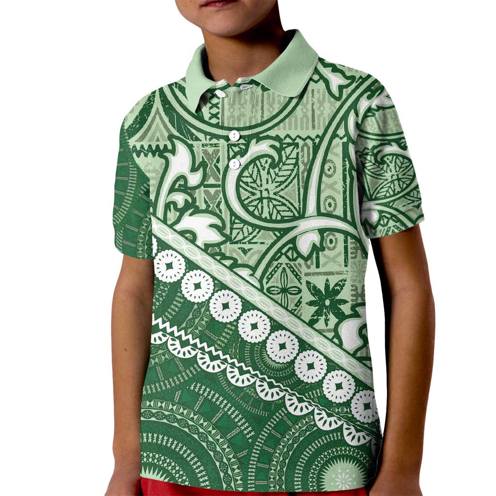 Green Bula Fiji Kid Polo Shirt Fijian Language Week Tapa Cloth - Pastel