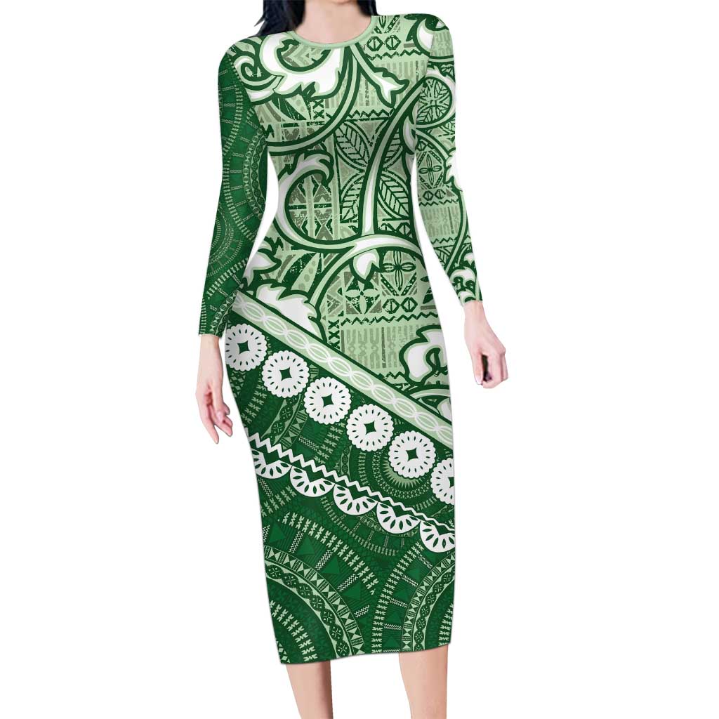 Green Bula Fiji Long Sleeve Bodycon Dress Fijian Language Week Tapa Cloth - Pastel