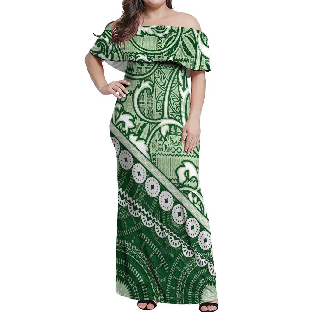 Green Bula Fiji Off Shoulder Maxi Dress Fijian Language Week Tapa Cloth - Pastel