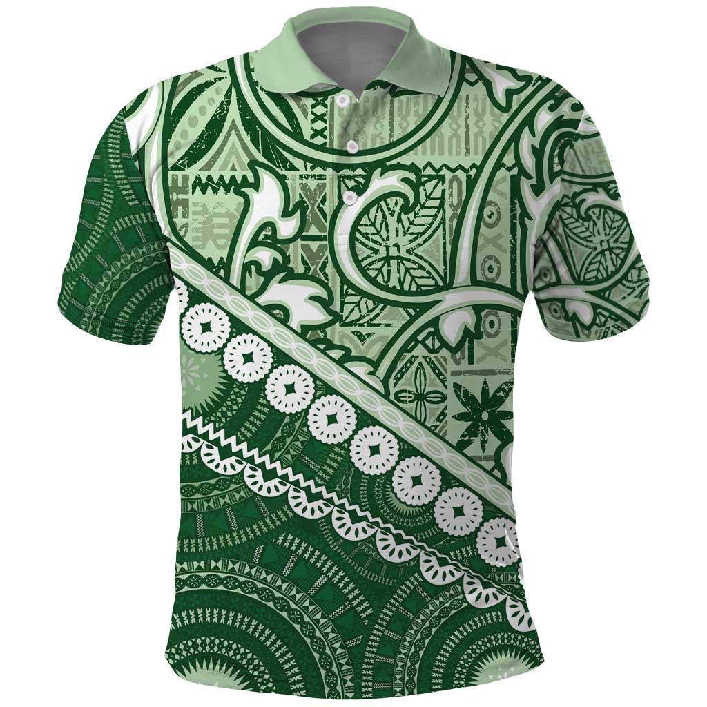 Green Bula Fiji Polo Shirt Fijian Language Week Tapa Cloth - Pastel LT14 Green - Polynesian Pride